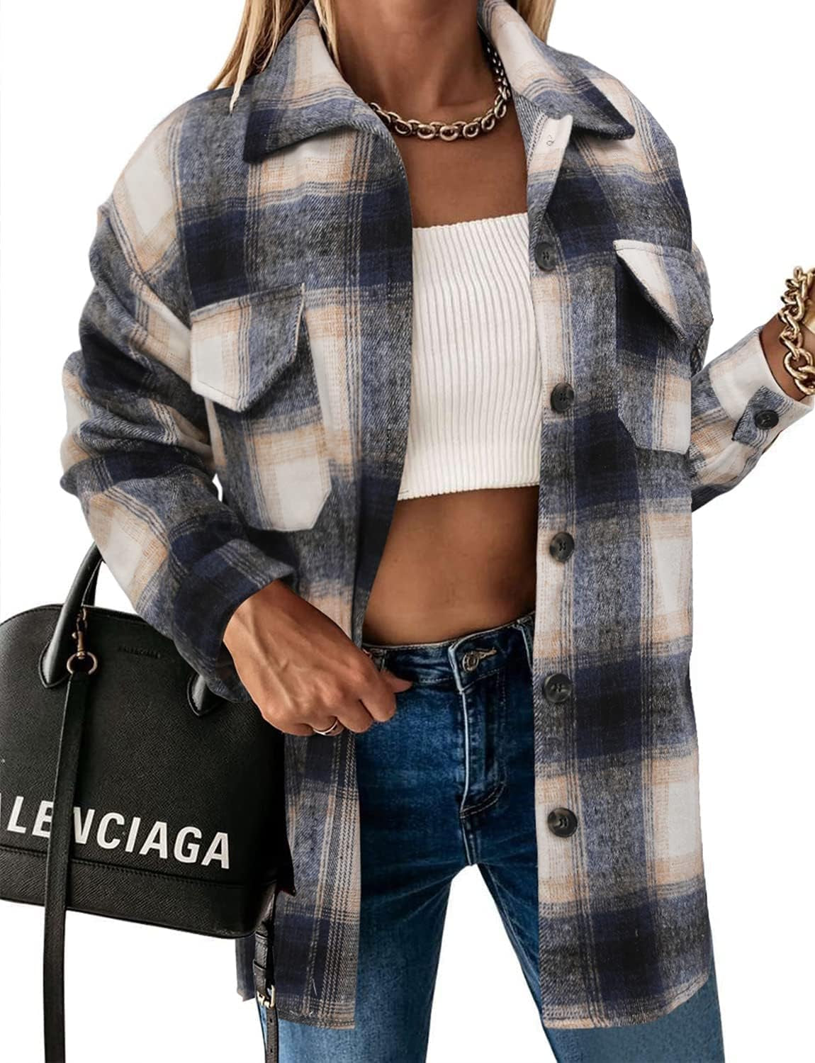 Stunshow Women's Plaid Button-Down Flannel Shacket Long Sleeve Coat Jacket - Trendy 2025 Collection