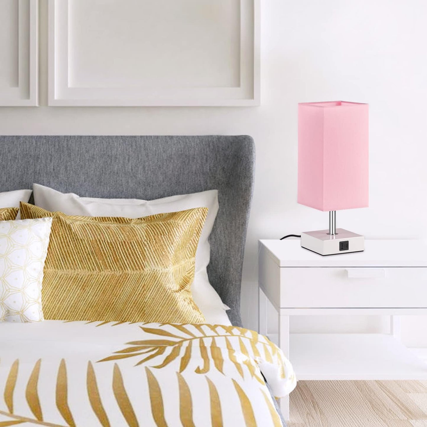 Ambimall Touch Control Table Lamp with 2 USB Charging Ports, 3 Way Touch Lamps beside Desk, Nightstand Lamp for Bedrooms Living Room, Pink Shade with White Base, LED Bulb Included(Pink)