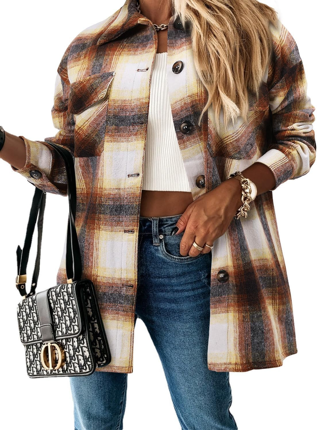 Stunshow Women's Plaid Button-Down Flannel Shacket Long Sleeve Coat Jacket - Trendy 2025 Collection
