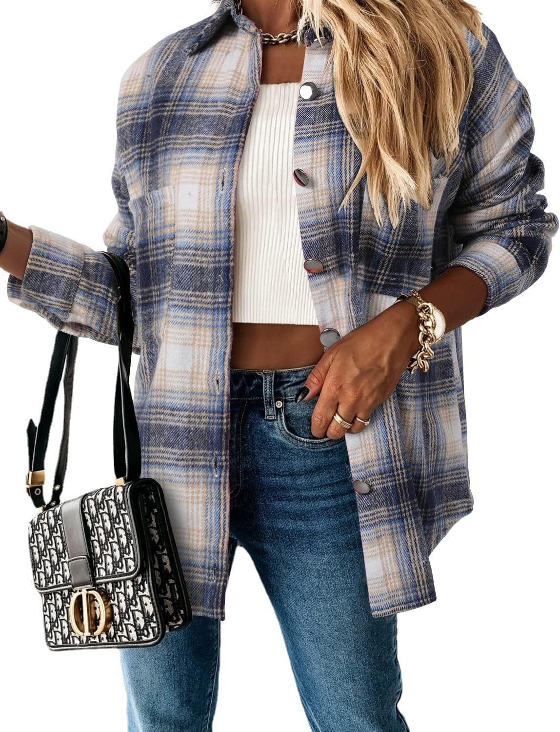 Stunshow Women's Plaid Button-Down Flannel Shacket Long Sleeve Coat Jacket - Trendy 2025 Collection