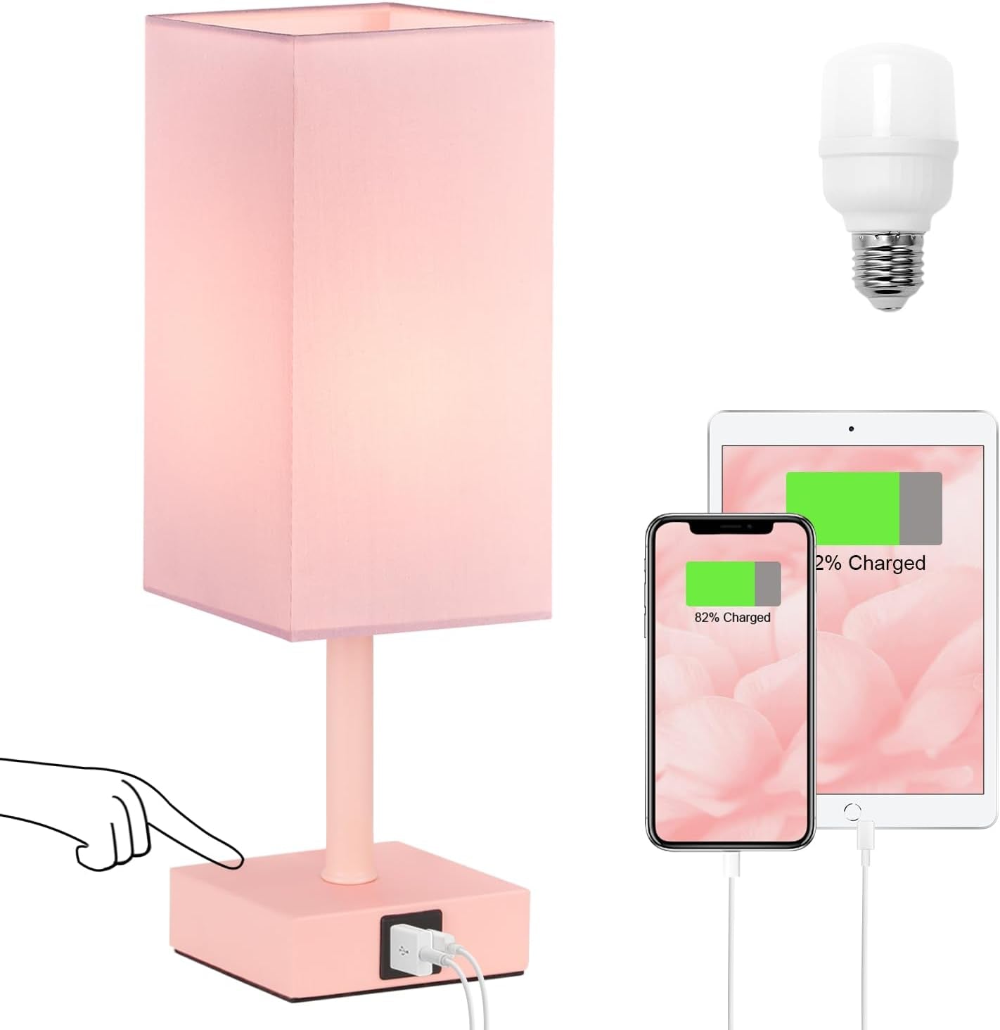 Ambimall Touch Control Table Lamp with 2 USB Charging Ports, 3 Way Touch Lamps beside Desk, Nightstand Lamp for Bedrooms Living Room, Pink Shade with White Base, LED Bulb Included(Pink)