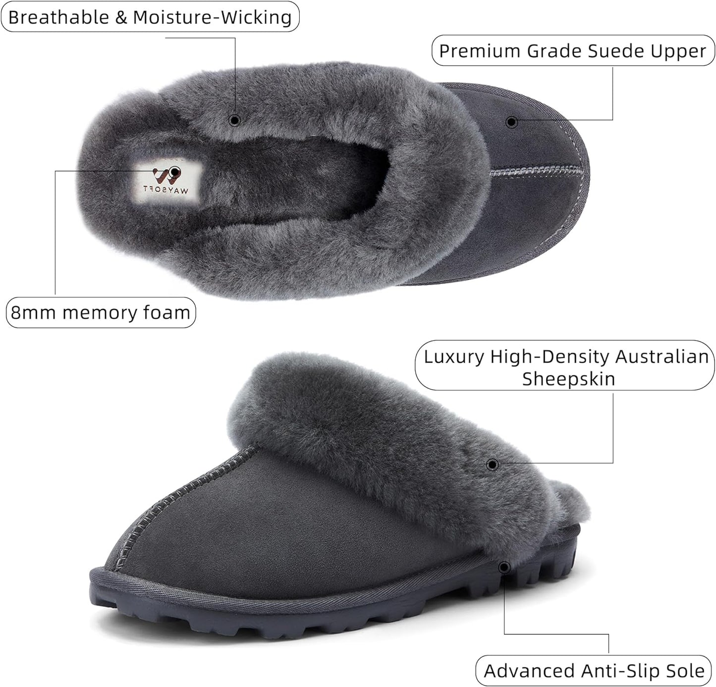 Waysoft Women'S Genuine Australian Sheepskin Slippers, 100% Shearling, 8Mm Memory-Foam, Hard Bottom Slipper