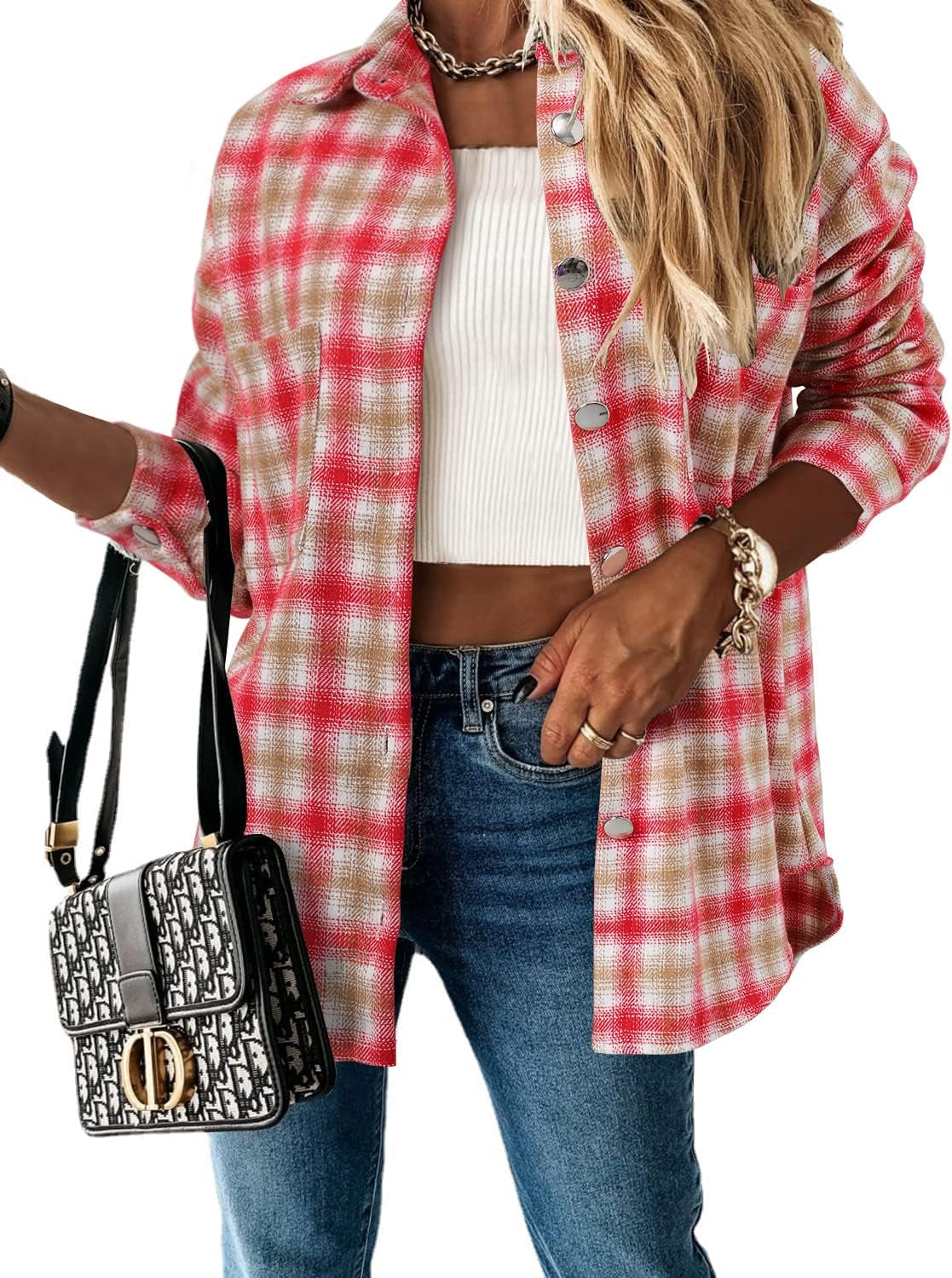Stunshow Women's Plaid Button-Down Flannel Shacket Long Sleeve Coat Jacket - Trendy 2025 Collection