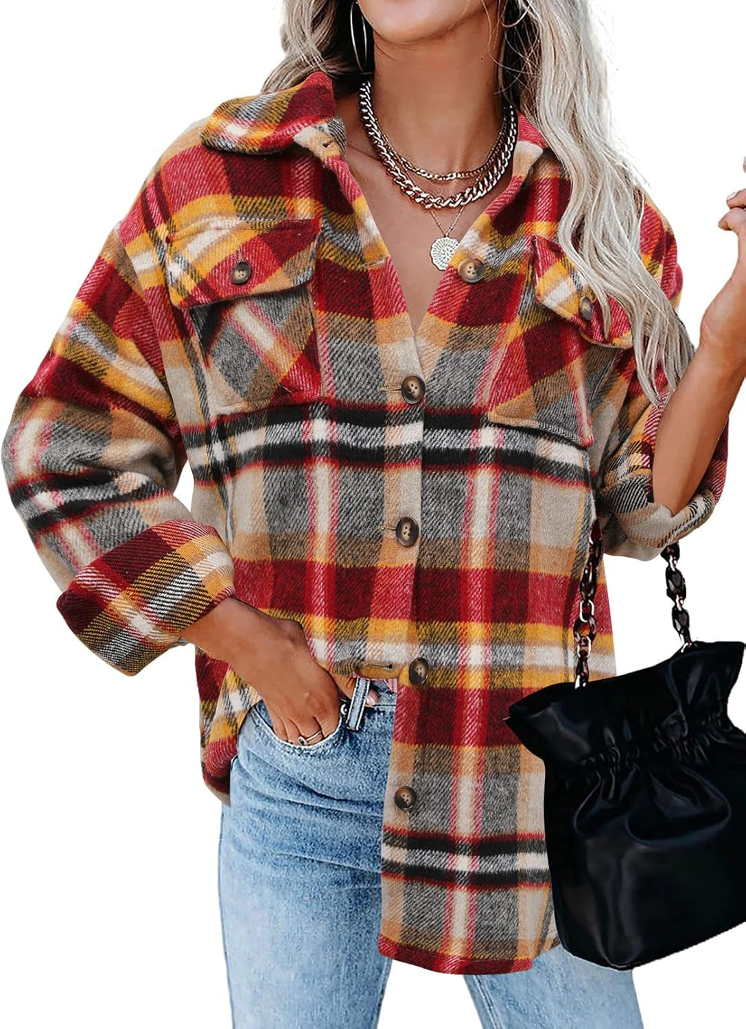 Stunshow Women's Plaid Button-Down Flannel Shacket Long Sleeve Coat Jacket - Trendy 2025 Collection