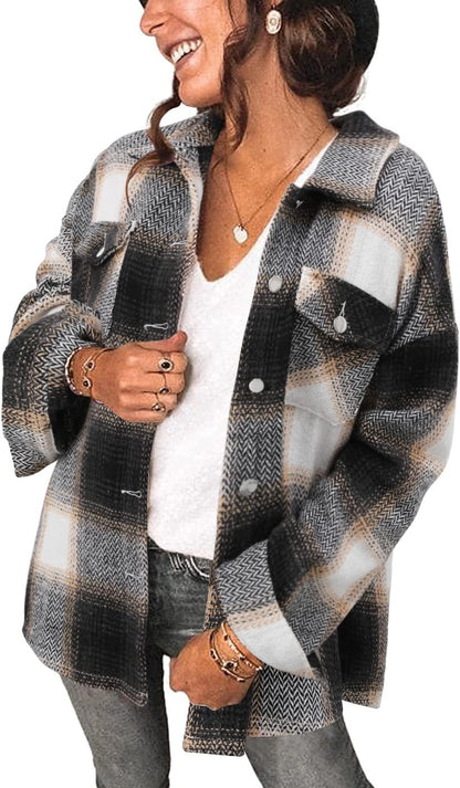 Stunshow Women's Plaid Button-Down Flannel Shacket Long Sleeve Coat Jacket - Trendy 2025 Collection