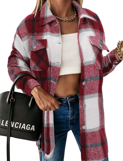 Stunshow Women's Plaid Button-Down Flannel Shacket Long Sleeve Coat Jacket - Trendy 2025 Collection