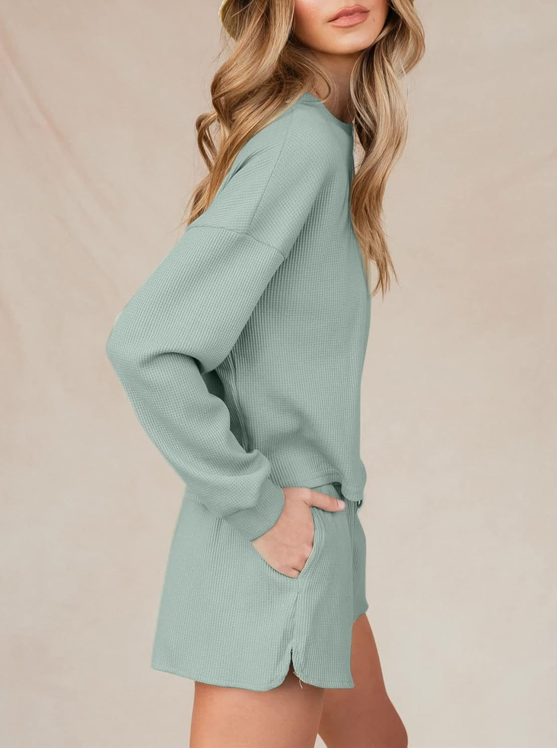 Women Waffle Lounge Sets - Long Sleeve and Shorts Pajama Set Two Piece Outfits for Women Sweatsuits Loungewear