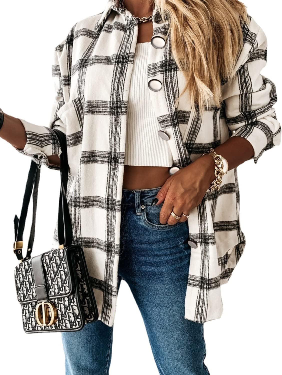 Stunshow Women's Plaid Button-Down Flannel Shacket Long Sleeve Coat Jacket - Trendy 2025 Collection