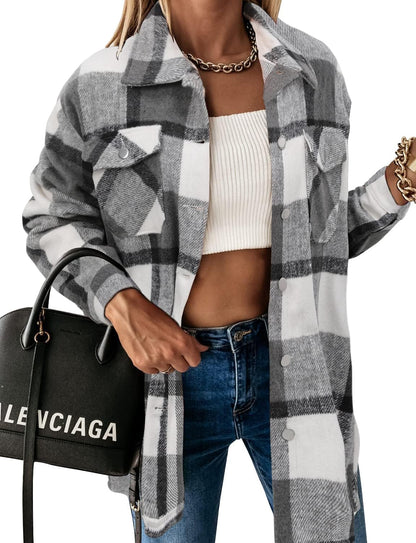Stunshow Women's Plaid Button-Down Flannel Shacket Long Sleeve Coat Jacket - Trendy 2025 Collection