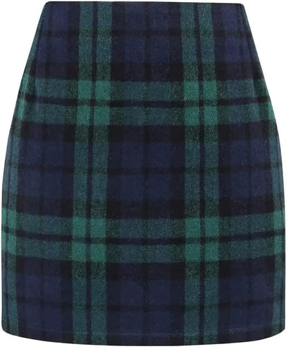 Kinghua Women's High-Waisted Wool Plaid Mini Pencil Skirt for Fall and Winter