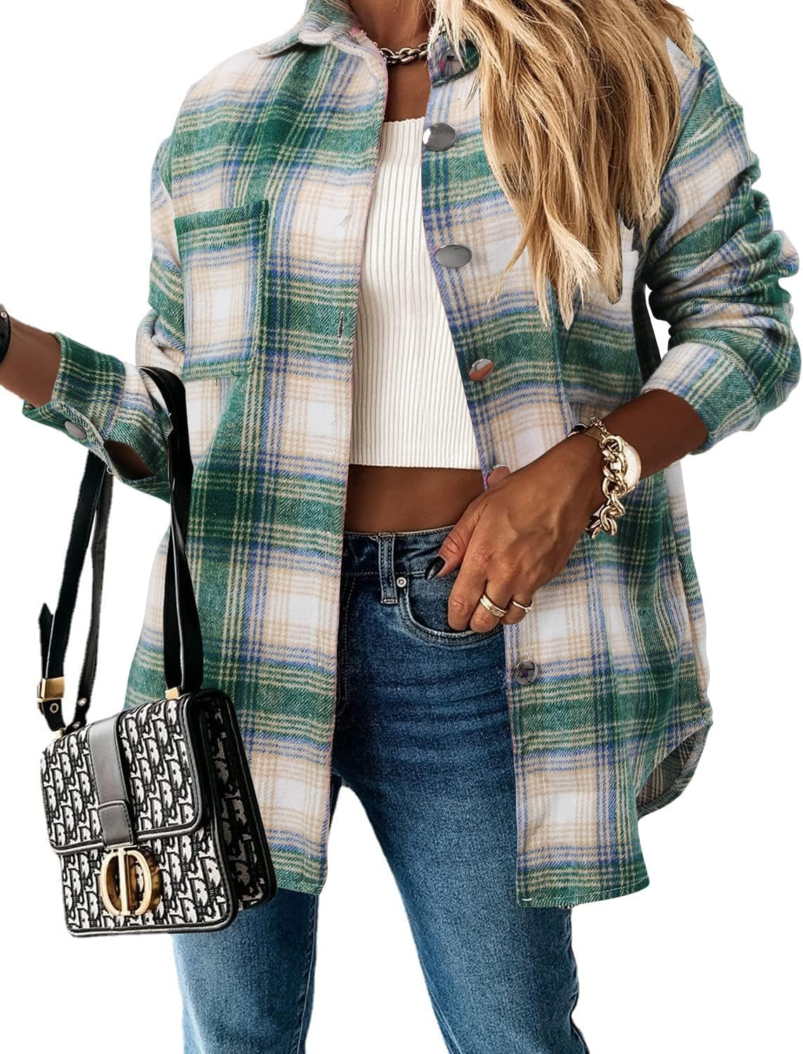 Stunshow Women's Plaid Button-Down Flannel Shacket Long Sleeve Coat Jacket - Trendy 2025 Collection