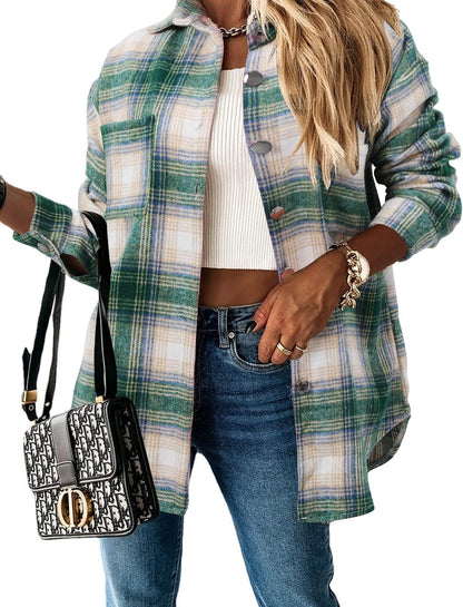 Stunshow Women's Plaid Button-Down Flannel Shacket Long Sleeve Coat Jacket - Trendy 2025 Collection