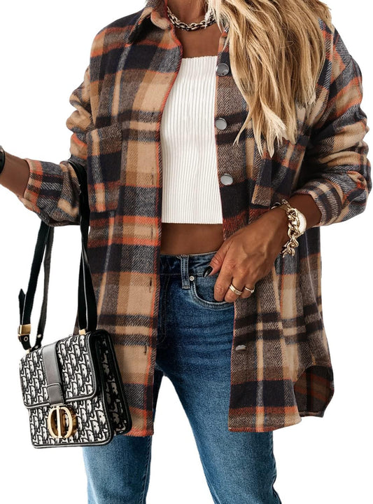 Stunshow Women's Plaid Button-Down Flannel Shacket Long Sleeve Coat Jacket - Trendy 2025 Collection