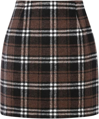 Kinghua Women's High-Waisted Wool Plaid Mini Pencil Skirt for Fall and Winter