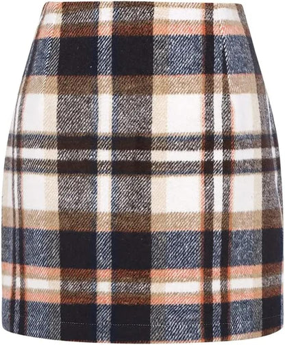 Kinghua Women's High-Waisted Wool Plaid Mini Pencil Skirt for Fall and Winter