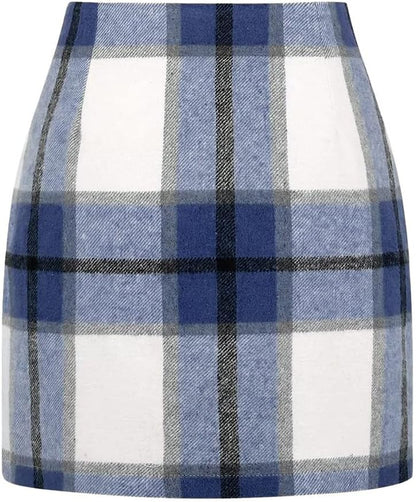 Kinghua Women's High-Waisted Wool Plaid Mini Pencil Skirt for Fall and Winter