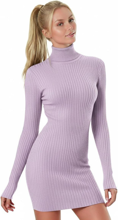 V28 Women's Turtleneck Long Sleeve Bodycon Mini Knit Sweater Dress for Fall and Winter