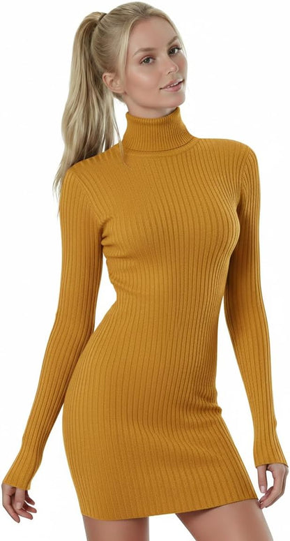 V28 Women's Turtleneck Long Sleeve Bodycon Mini Knit Sweater Dress for Fall and Winter