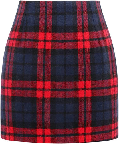 Kinghua Women's High-Waisted Wool Plaid Mini Pencil Skirt for Fall and Winter