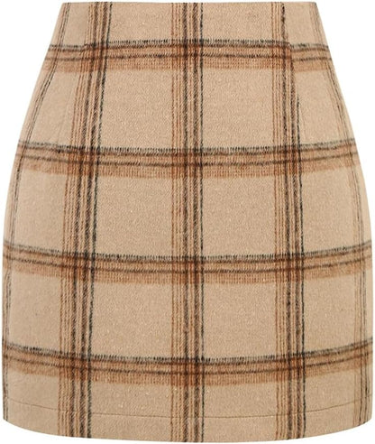Kinghua Women's High-Waisted Wool Plaid Mini Pencil Skirt for Fall and Winter