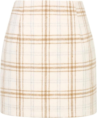 Kinghua Women's High-Waisted Wool Plaid Mini Pencil Skirt for Fall and Winter