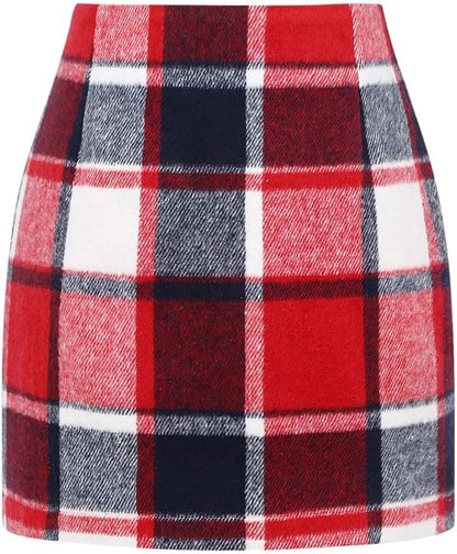 Kinghua Women's High-Waisted Wool Plaid Mini Pencil Skirt for Fall and Winter