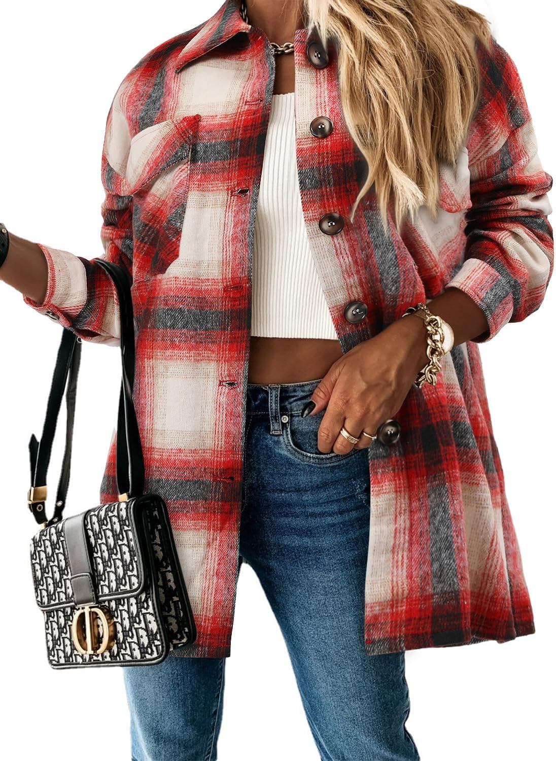 Stunshow Women's Plaid Button-Down Flannel Shacket Long Sleeve Coat Jacket - Trendy 2025 Collection