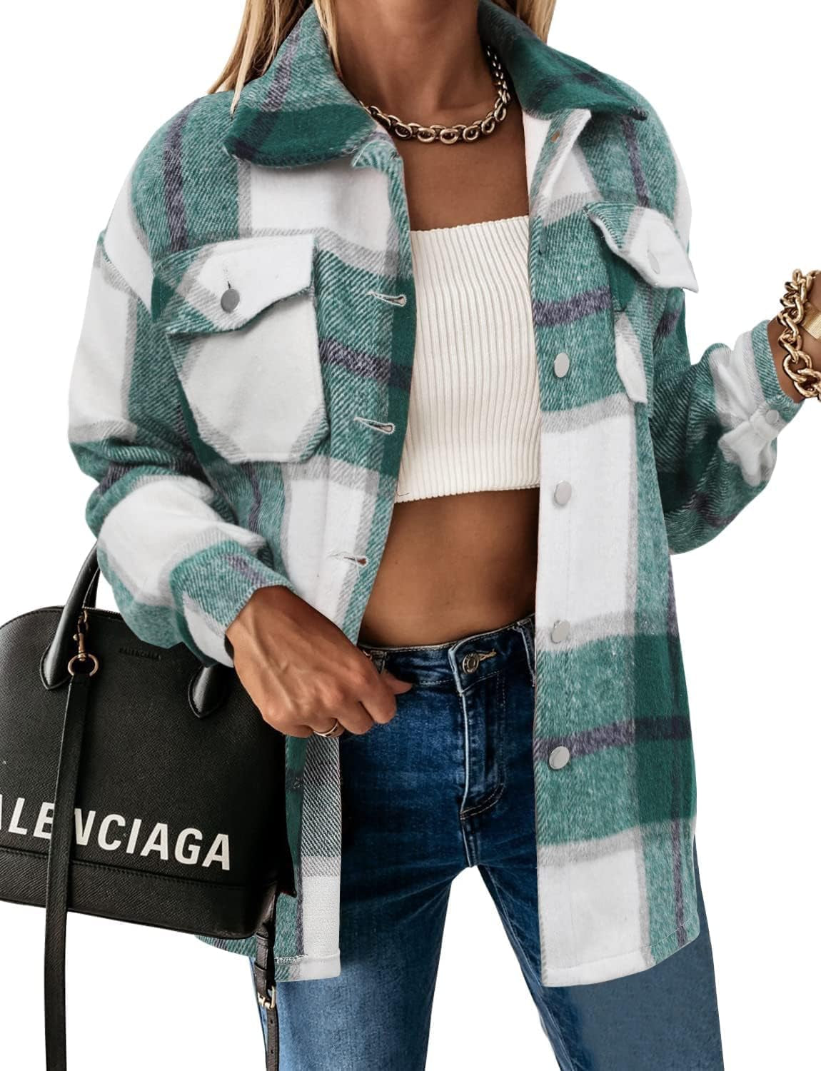Stunshow Women's Plaid Button-Down Flannel Shacket Long Sleeve Coat Jacket - Trendy 2025 Collection