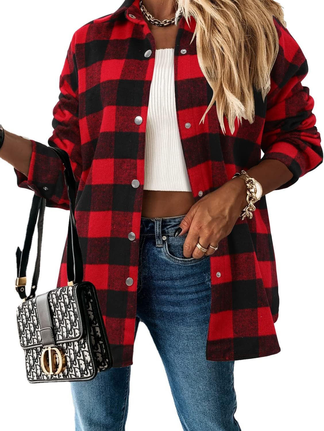 Stunshow Women's Plaid Button-Down Flannel Shacket Long Sleeve Coat Jacket - Trendy 2025 Collection