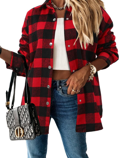 Stunshow Women's Plaid Button-Down Flannel Shacket Long Sleeve Coat Jacket - Trendy 2025 Collection