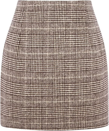 Kinghua Women's High-Waisted Wool Plaid Mini Pencil Skirt for Fall and Winter