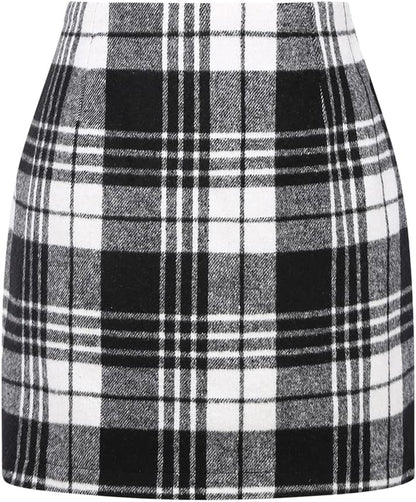 Kinghua Women's High-Waisted Wool Plaid Mini Pencil Skirt for Fall and Winter