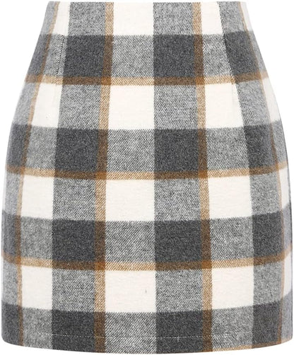 Kinghua Women's High-Waisted Wool Plaid Mini Pencil Skirt for Fall and Winter