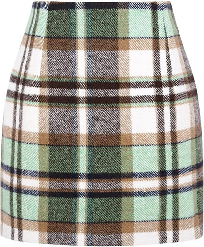 Kinghua Women's High-Waisted Wool Plaid Mini Pencil Skirt for Fall and Winter