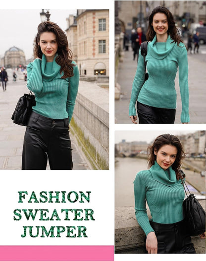 V28 Women's Slim Fit Long Sleeve Cowl Neck Knit Sweater