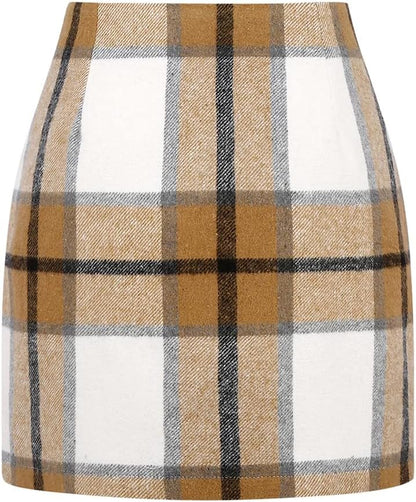Kinghua Women's High-Waisted Wool Plaid Mini Pencil Skirt for Fall and Winter