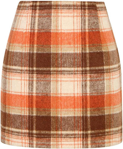 Kinghua Women's High-Waisted Wool Plaid Mini Pencil Skirt for Fall and Winter