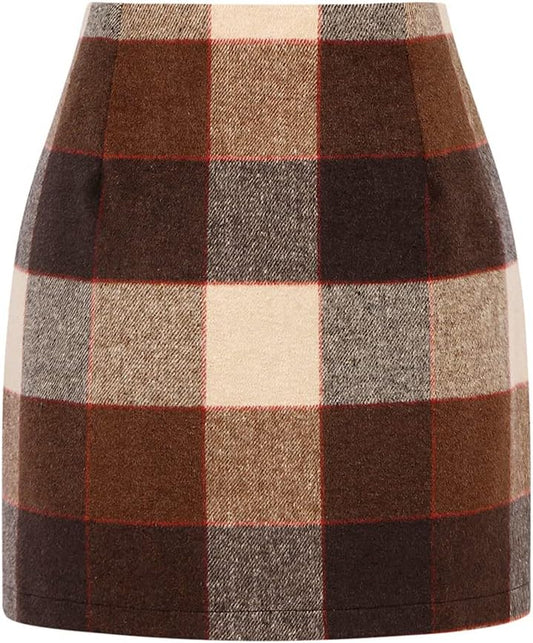 Kinghua Women's High-Waisted Wool Plaid Mini Pencil Skirt for Fall and Winter