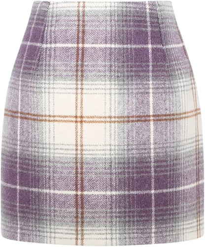 Kinghua Women's High-Waisted Wool Plaid Mini Pencil Skirt for Fall and Winter