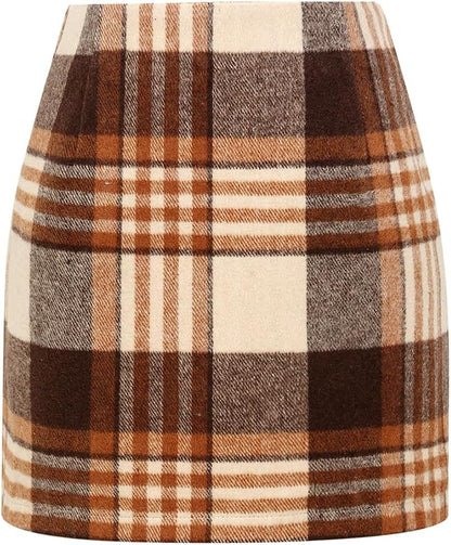 Kinghua Women's High-Waisted Wool Plaid Mini Pencil Skirt for Fall and Winter