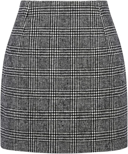Kinghua Women's High-Waisted Wool Plaid Mini Pencil Skirt for Fall and Winter