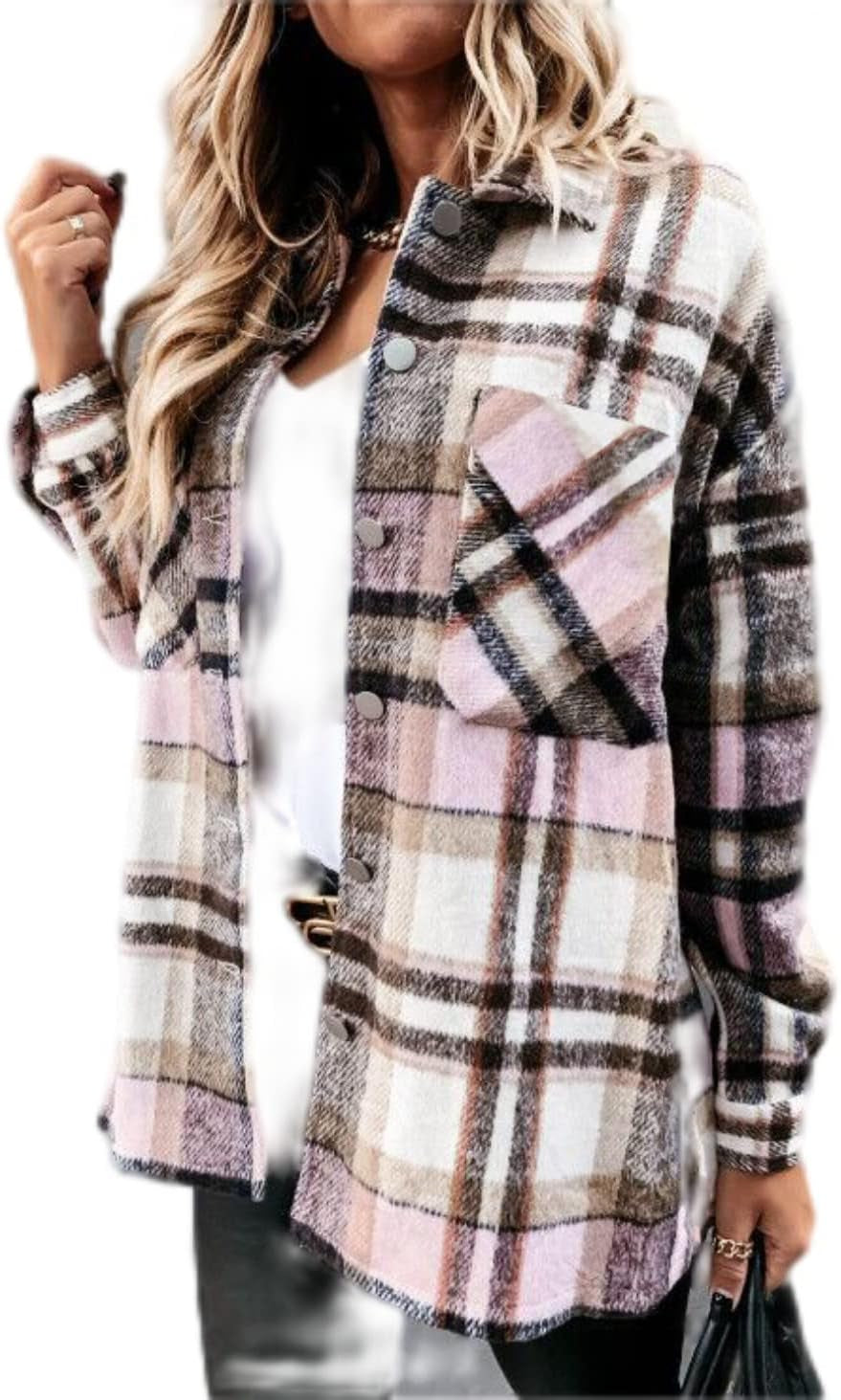 Stunshow Women's Plaid Button-Down Flannel Shacket Long Sleeve Coat Jacket - Trendy 2025 Collection