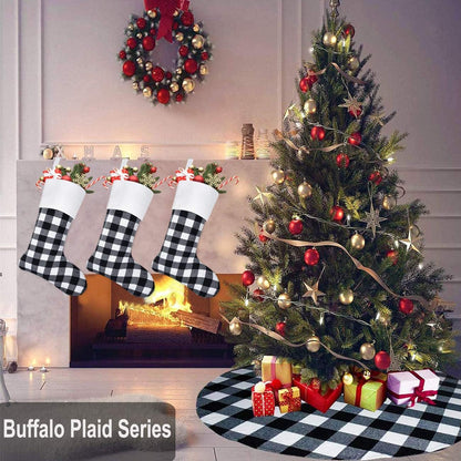 Senneny 6 Pack Christmas Stockings- 18 Inch Black White Buffalo Plaid Christmas Stockings Fireplace Hanging Stockings for Family Xmas Holiday Season Party Decor