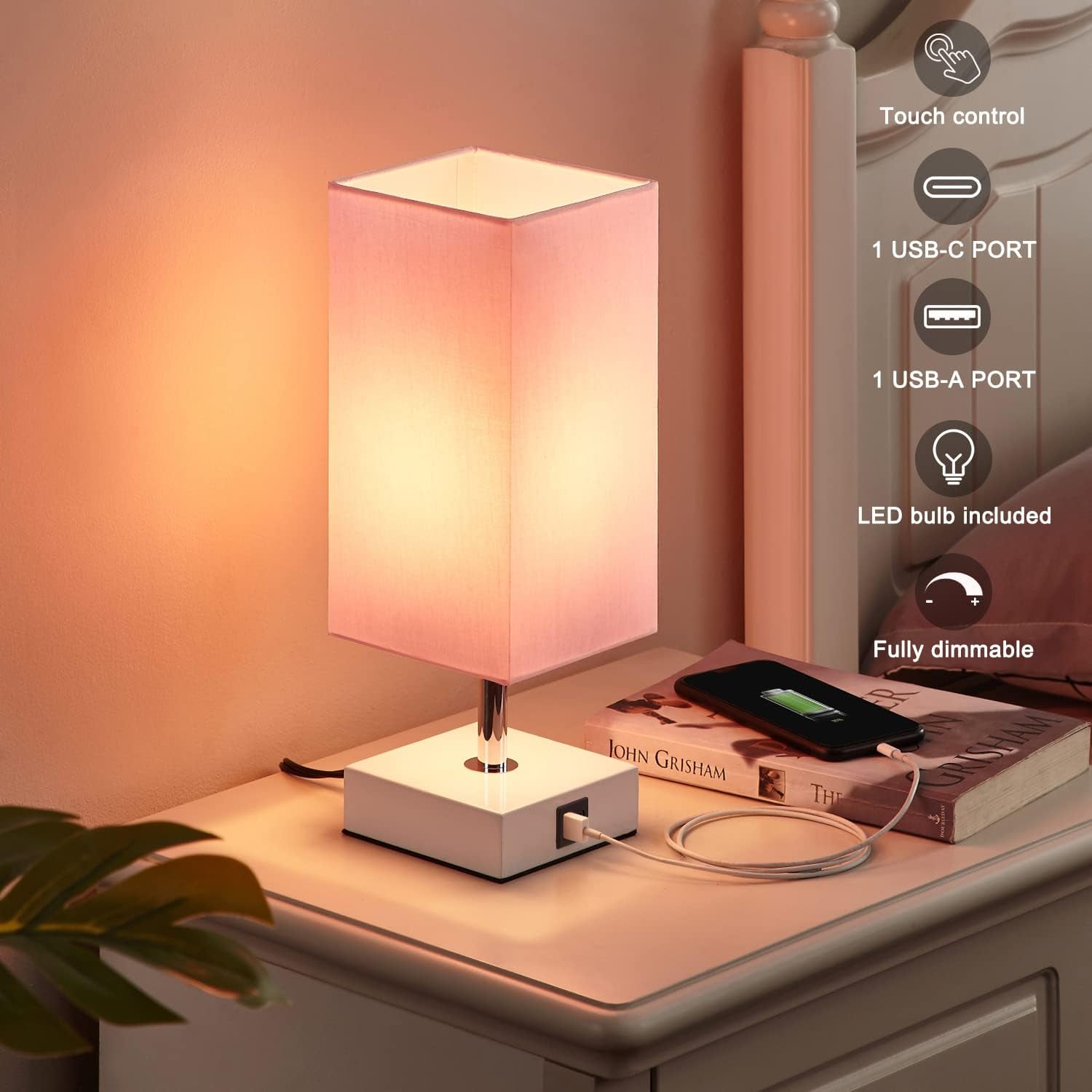 Ambimall Touch Control Table Lamp with 2 USB Charging Ports, 3 Way Touch Lamps beside Desk, Nightstand Lamp for Bedrooms Living Room, Pink Shade with White Base, LED Bulb Included(Pink)