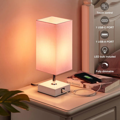 Ambimall Touch Control Table Lamp with 2 USB Charging Ports, 3 Way Touch Lamps beside Desk, Nightstand Lamp for Bedrooms Living Room, Pink Shade with White Base, LED Bulb Included(Pink)