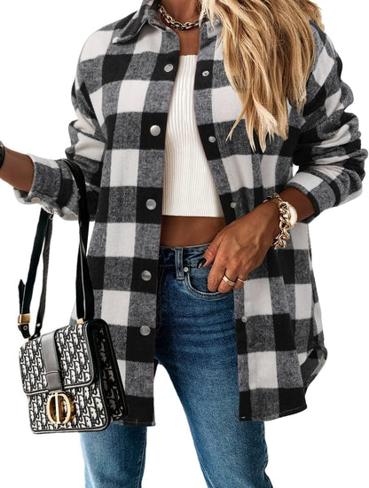 Stunshow Women's Plaid Button-Down Flannel Shacket Long Sleeve Coat Jacket - Trendy 2025 Collection