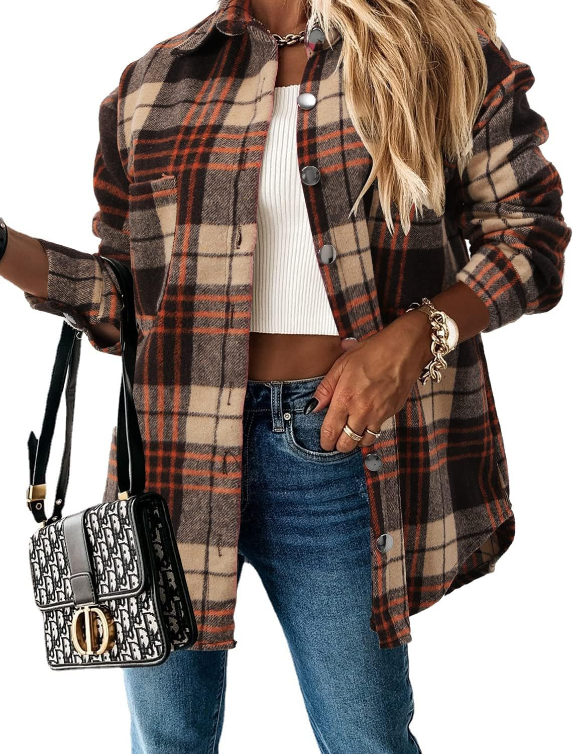 Stunshow Women's Plaid Button-Down Flannel Shacket Long Sleeve Coat Jacket - Trendy 2025 Collection