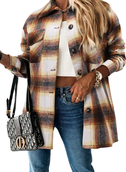 Stunshow Women's Plaid Button-Down Flannel Shacket Long Sleeve Coat Jacket - Trendy 2025 Collection