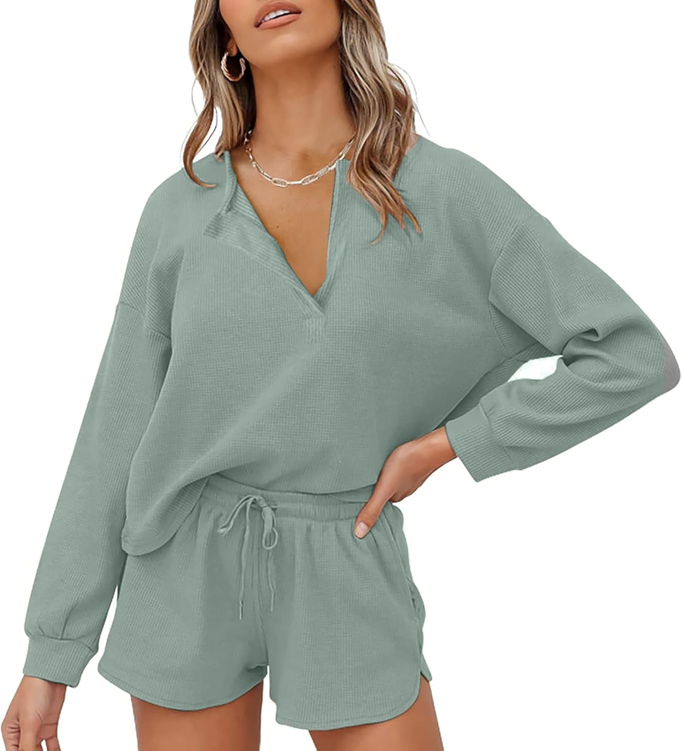 Women Waffle Lounge Sets - Long Sleeve and Shorts Pajama Set Two Piece Outfits for Women Sweatsuits Loungewear