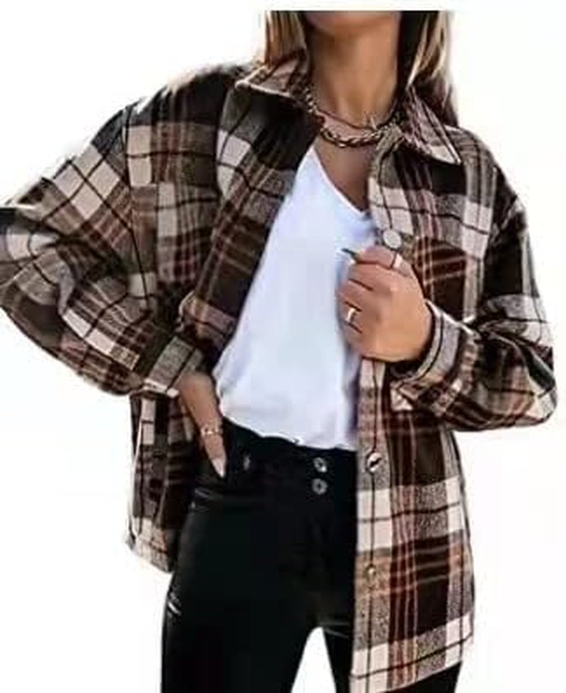 Stunshow Women's Plaid Button-Down Flannel Shacket Long Sleeve Coat Jacket - Trendy 2025 Collection